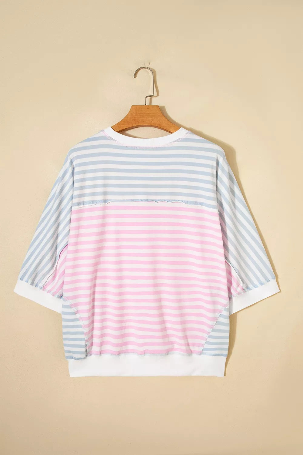 Casual Stripe Oversize Dolman Sleeve T Shirt in Blush Pink, model styling view