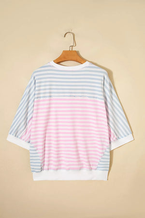 Casual Stripe Oversize Dolman Sleeve T Shirt in Blush Pink, model styling view