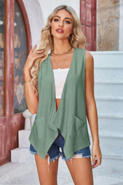 Sage eyelet drape front vest with pockets and open neckline.