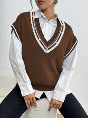 Brown acrylic knit vest with varsity stripes and pearl trim, V-neck, sleeveless
