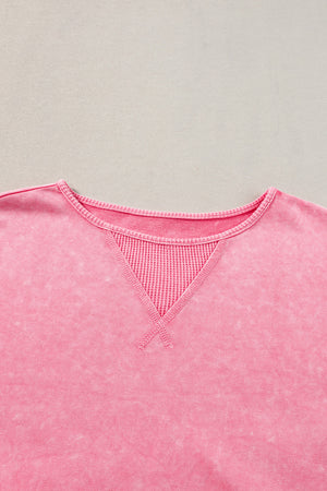 Pink acid wash tee with waffle knit inset at crew neck and contrast stitching