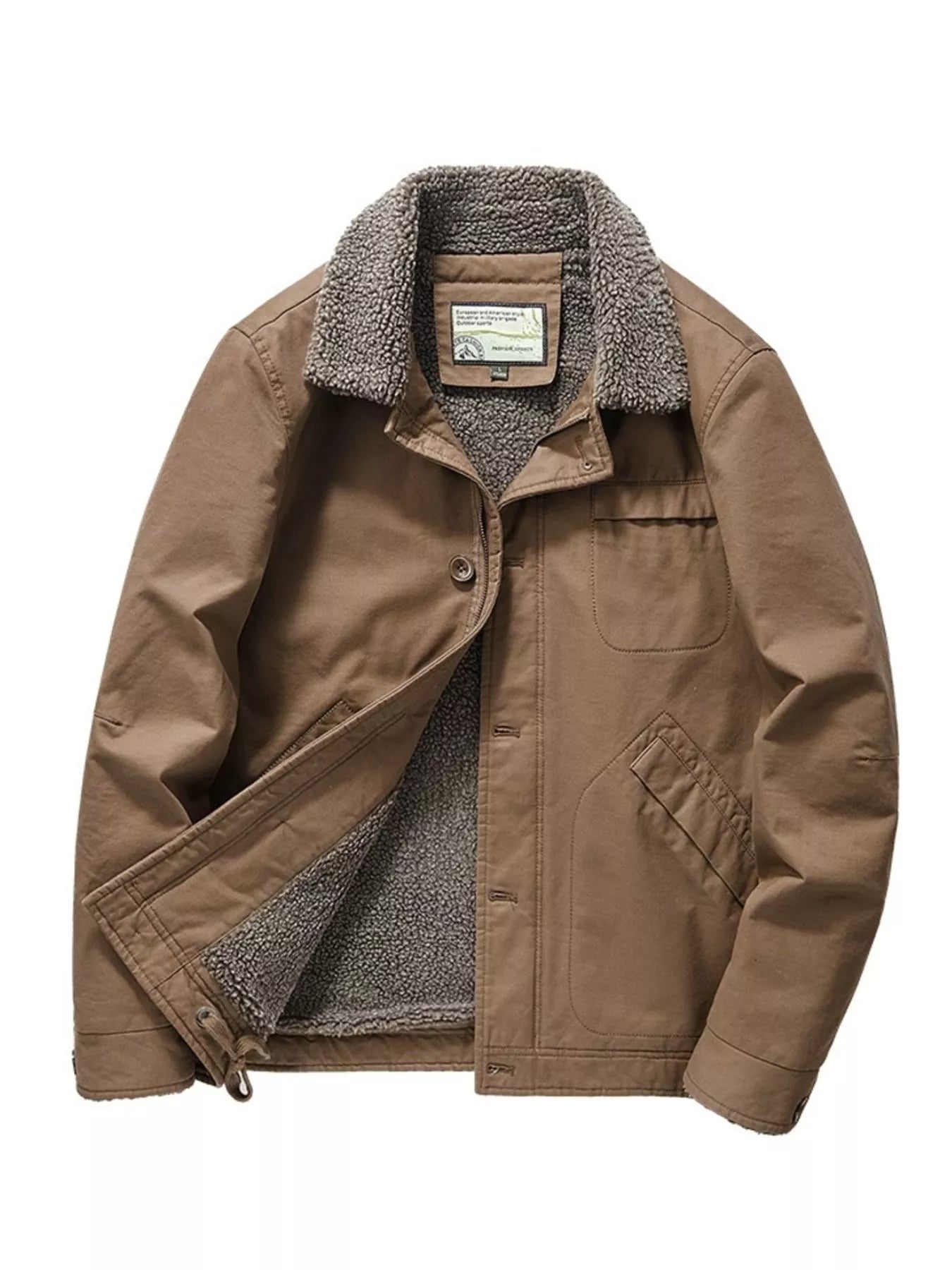 Brown sherpa collar jacket with button front and fleece lining.