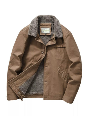 Brown sherpa collar jacket with button front and fleece lining.