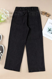 Black denim wide-leg jeans with button-fly, featuring a relaxed fit and cropped length.