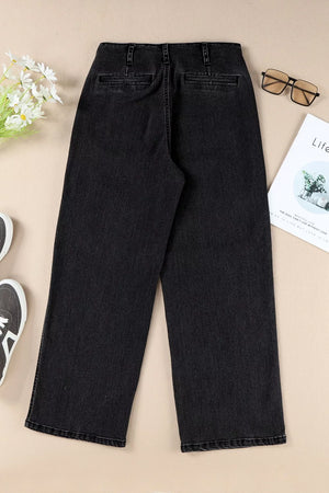 Black denim wide-leg jeans with button-fly, featuring a relaxed fit and cropped length.