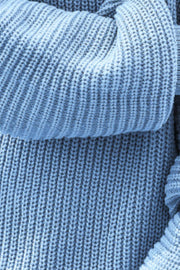 Light blue ribbed knit off-the-shoulder mini dress with acrylic material.