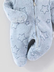 Light blue plush baby one-piece with stars, zipper, and bear charm.