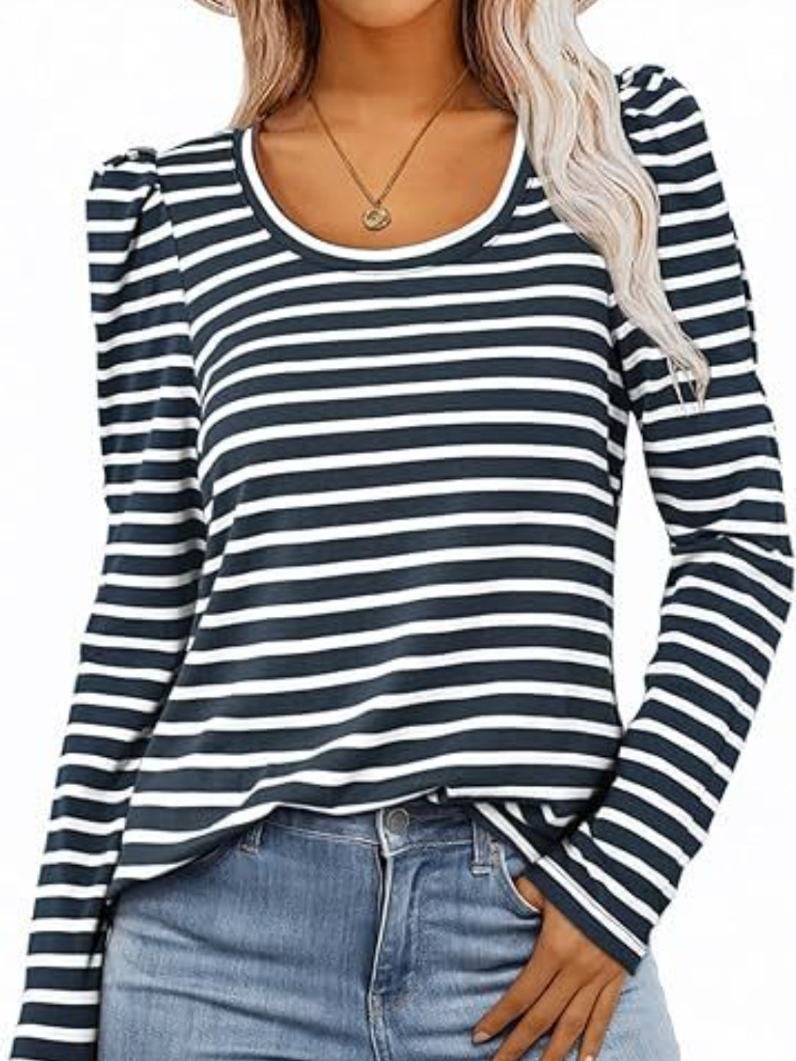 Navy and white striped tee with puff sleeves and a scoop neck.