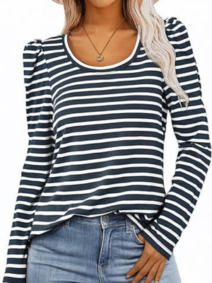 Navy and white striped tee with puff sleeves and a scoop neck.