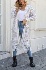 Chromatic crochet maxi cardigan with fringe detail in multi-color yarn and cream base.