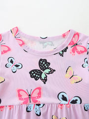 Toddler dress with colorful butterfly print, crew neck, short sleeves, and ruffled hem.
