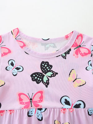 Toddler dress with colorful butterfly print, crew neck, short sleeves, and ruffled hem.
