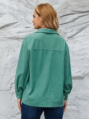 Textured corduroy button-up jacket in Peacock Green with a collar and long sleeves.