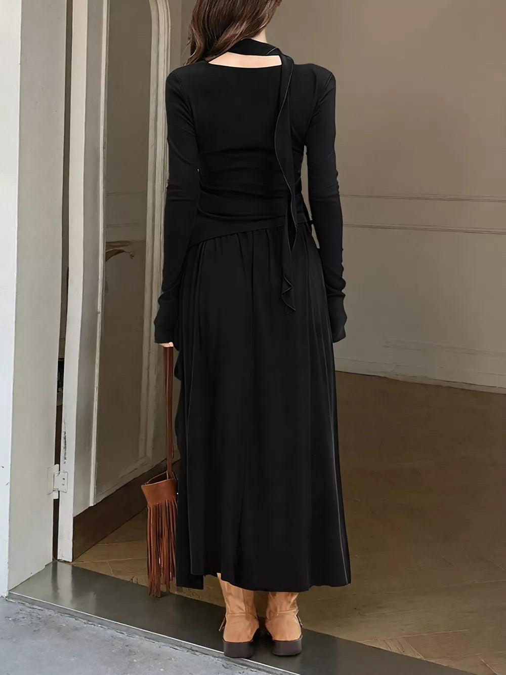 Ruffled Long Sleeve Knit Top And Maxi Skirt Set in Khaki, product detail