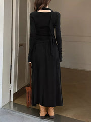 Ruffled Long Sleeve Knit Top And Maxi Skirt Set in Khaki, product detail