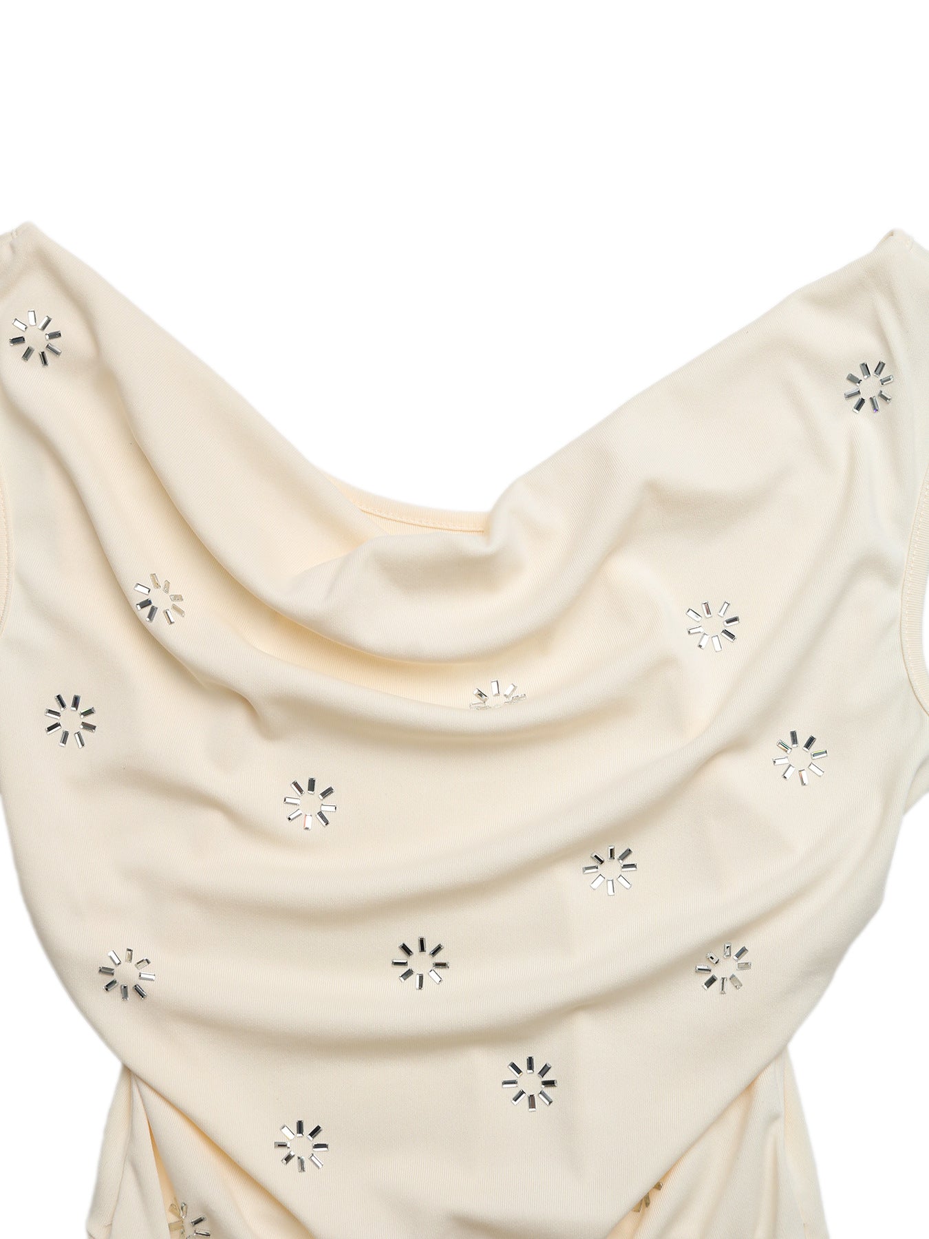 Cream cowl neck sleeveless bodysuit with starburst cutouts
