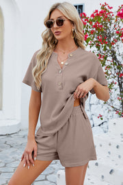 Waffle knit henley short set in mocha with button detail and short sleeves.