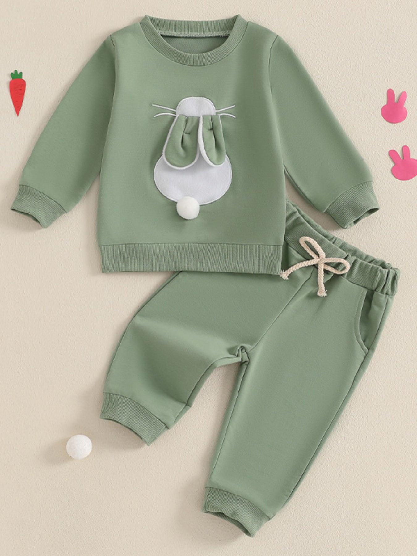 Green cotton baby outfit set with bunny applique on sweatshirt and drawstring pants.