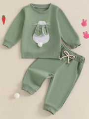 Green cotton baby outfit set with bunny applique on sweatshirt and drawstring pants.