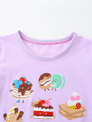Lavender cotton t-shirt with cute dessert prints, round neckline