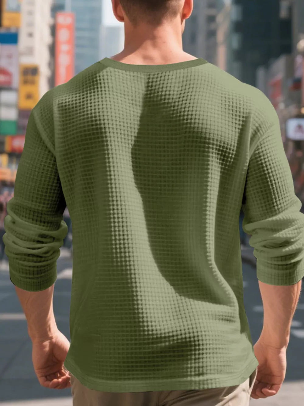 Men's Army Green Waffle Knit Long Sleeve Henley T-Shirt, back view