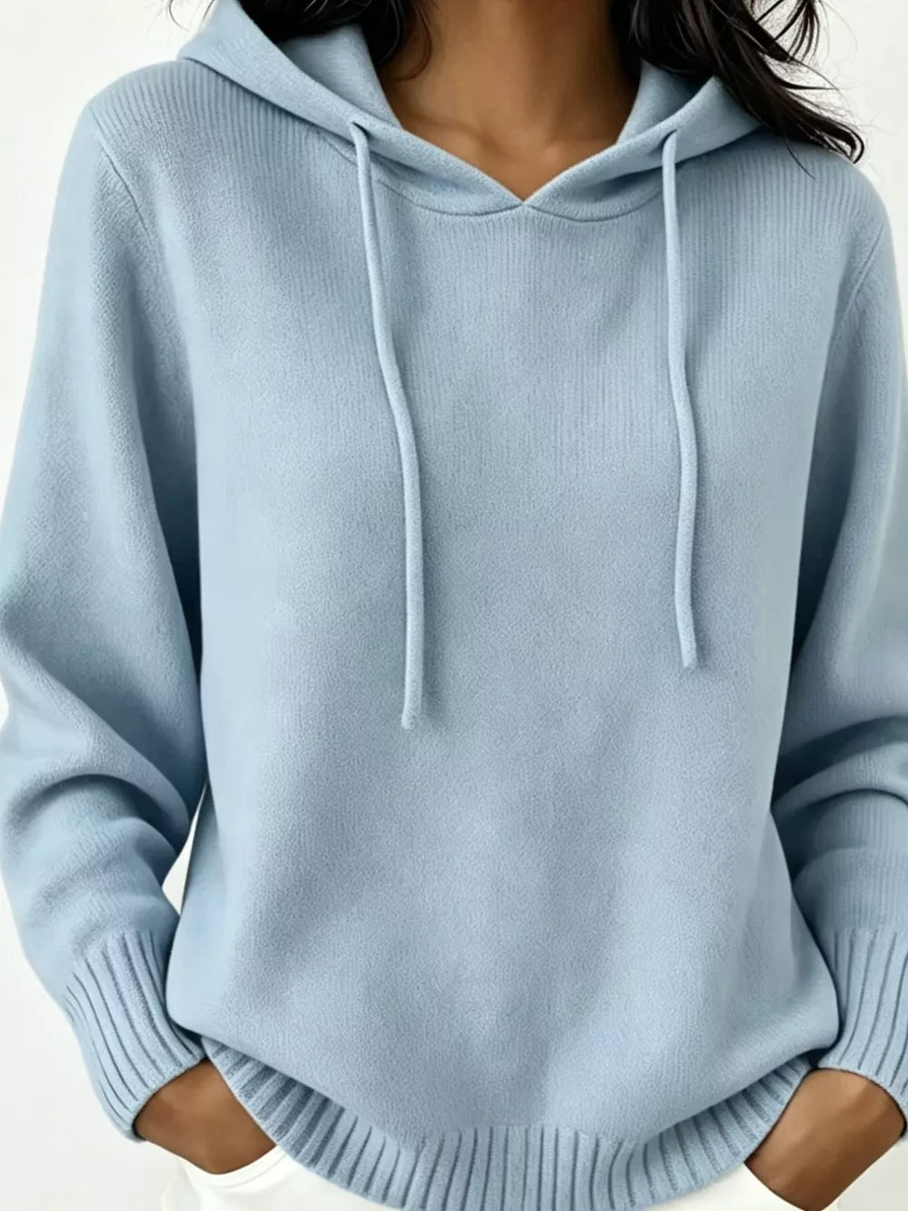 Cozy Ribbed Long-sleeve Hooded Sweater in White, view 13