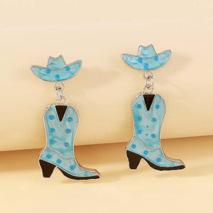 Blue polka dot cowboy boot dangle earrings with hat detail.