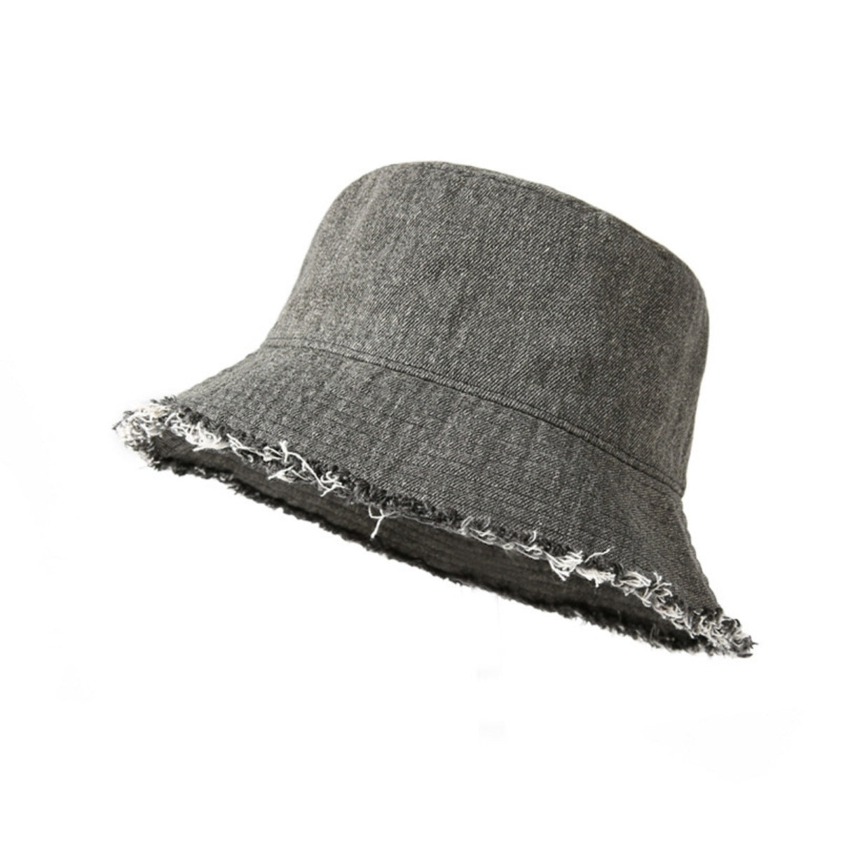 Grey denim bucket hat with frayed hem detail