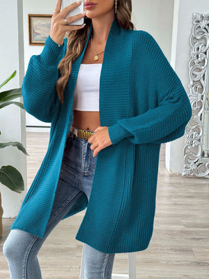 Deep Teal ribbed knit cocoon cardigan with open front and balloon sleeves.