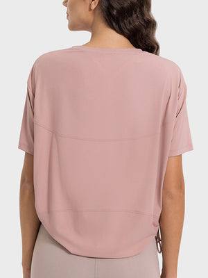 Dusty Pink sculpted jersey t-shirt with side tie detail and curved hem.