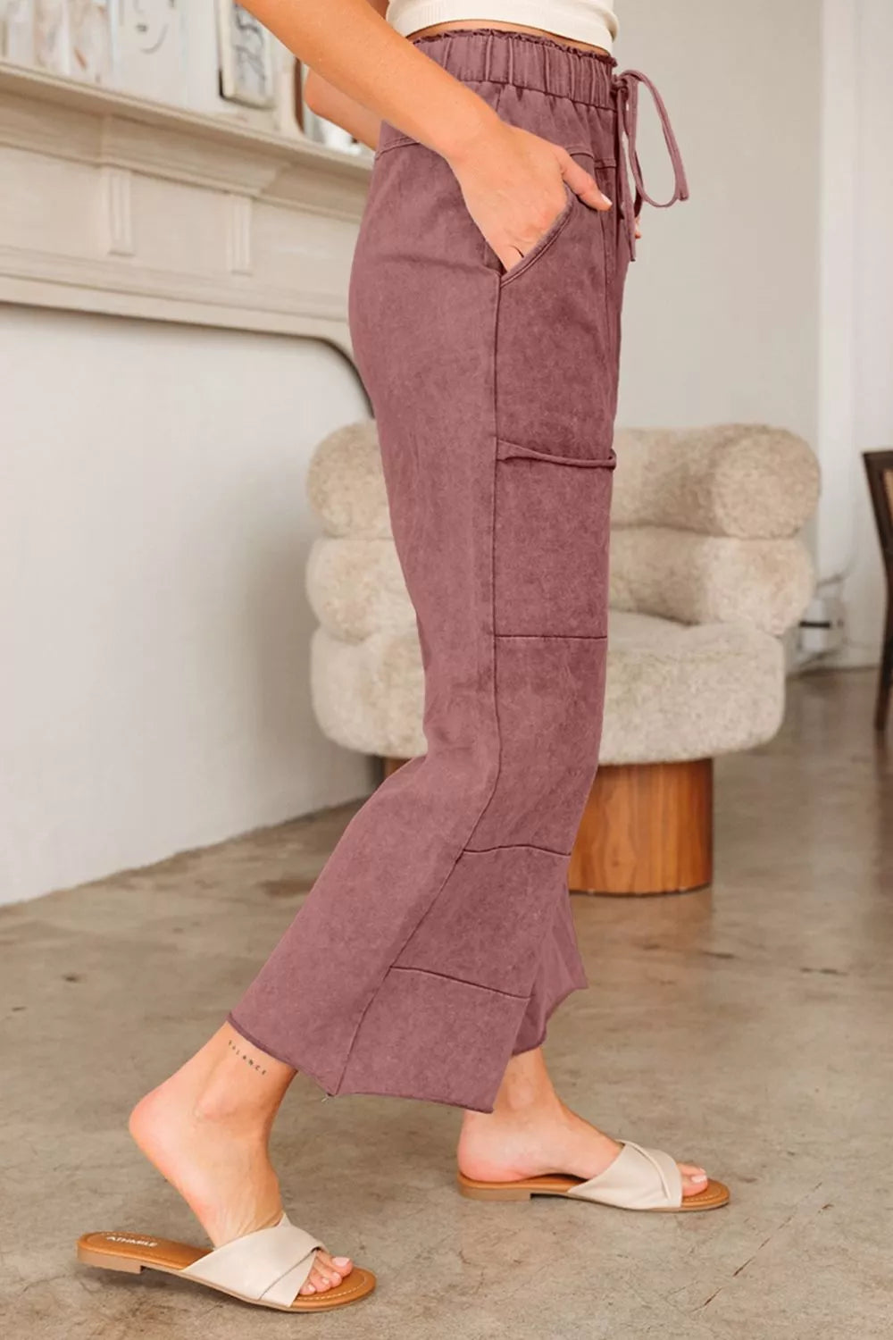 Maternity cotton wide-leg pants in dusty rose with drawstring and pockets