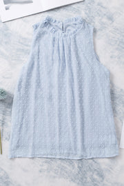 Light blue textured halter neck tank top with ruffled collar