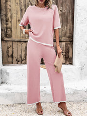 Dusty Pink knit co-ord set with contrast trim on sleeves and hem.