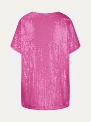 Pink sequin slouchy V-neck top with short sleeves