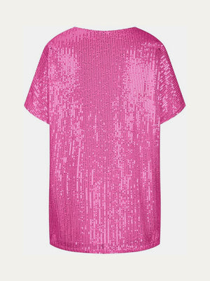 Pink sequin slouchy V-neck top with short sleeves