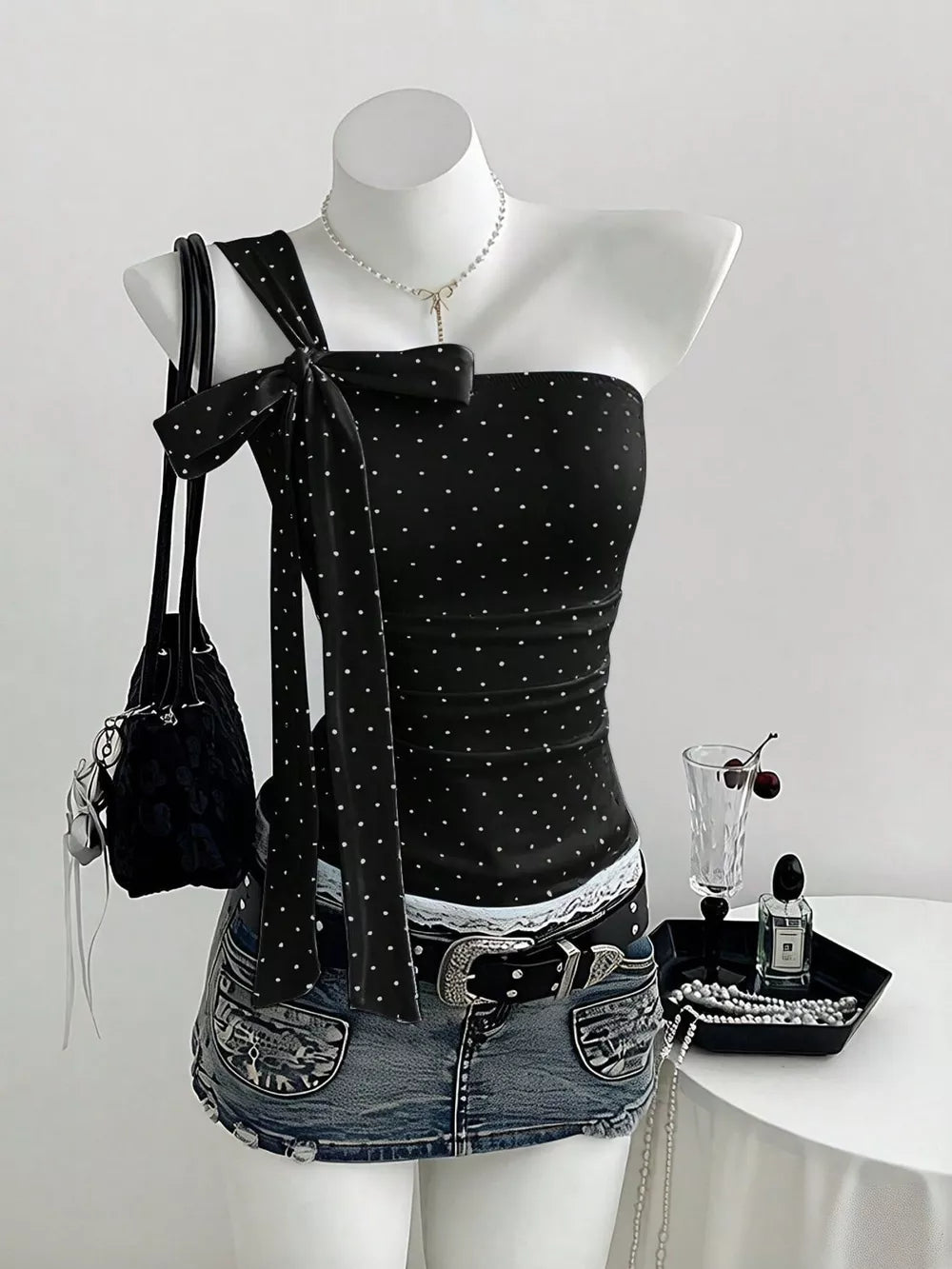 Polka Dot One-shoulder Cami, close-up detail