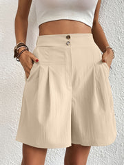 Beige pleated front bermuda shorts with button closure and pockets