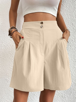 Beige pleated front bermuda shorts with button closure and pockets