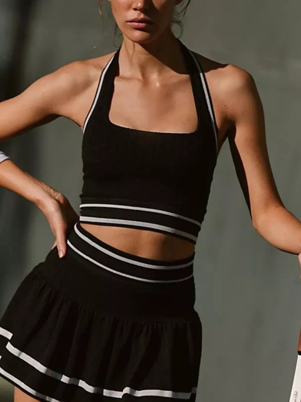 Halter Neck Tank And Skirt Active Set in Gray Green, alternate angle