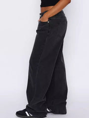 Wide-leg dark gray denim jeans with contrast stitching and a buttoned fly.