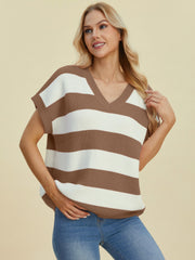 Camel and white striped knit cap-sleeve top with V-neck