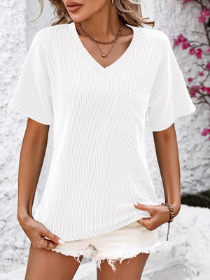 White textured ribbed V-neck t-shirt with short sleeves and a chest pocket.