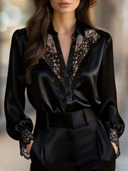 Black satin button-up shirt with lace trim neckline and balloon sleeves