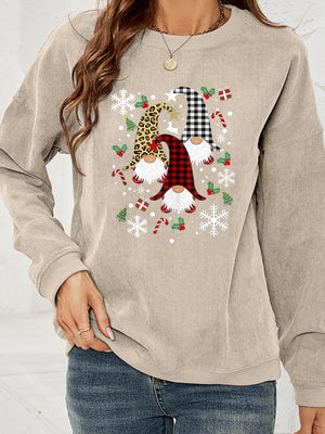 Beige corduroy sweatshirt with a gnome graphic featuring buffalo plaid and leopard print details.