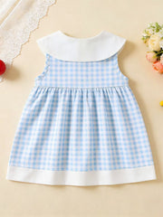 Sky blue gingham toddler dress with white Peter Pan collar and hem