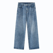 Light blue wide-leg denim jeans with a relaxed fit and modern style.