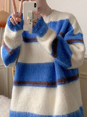 Blue and white striped fuzzy knit pullover sweater with brown accents.