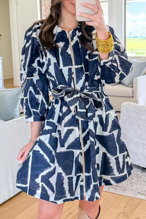 Abstract Geometric Zip Front Tie Waist Dress, close-up detail