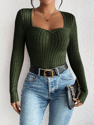 Army green ribbed bodysuit with sweetheart neckline and ruched detail.