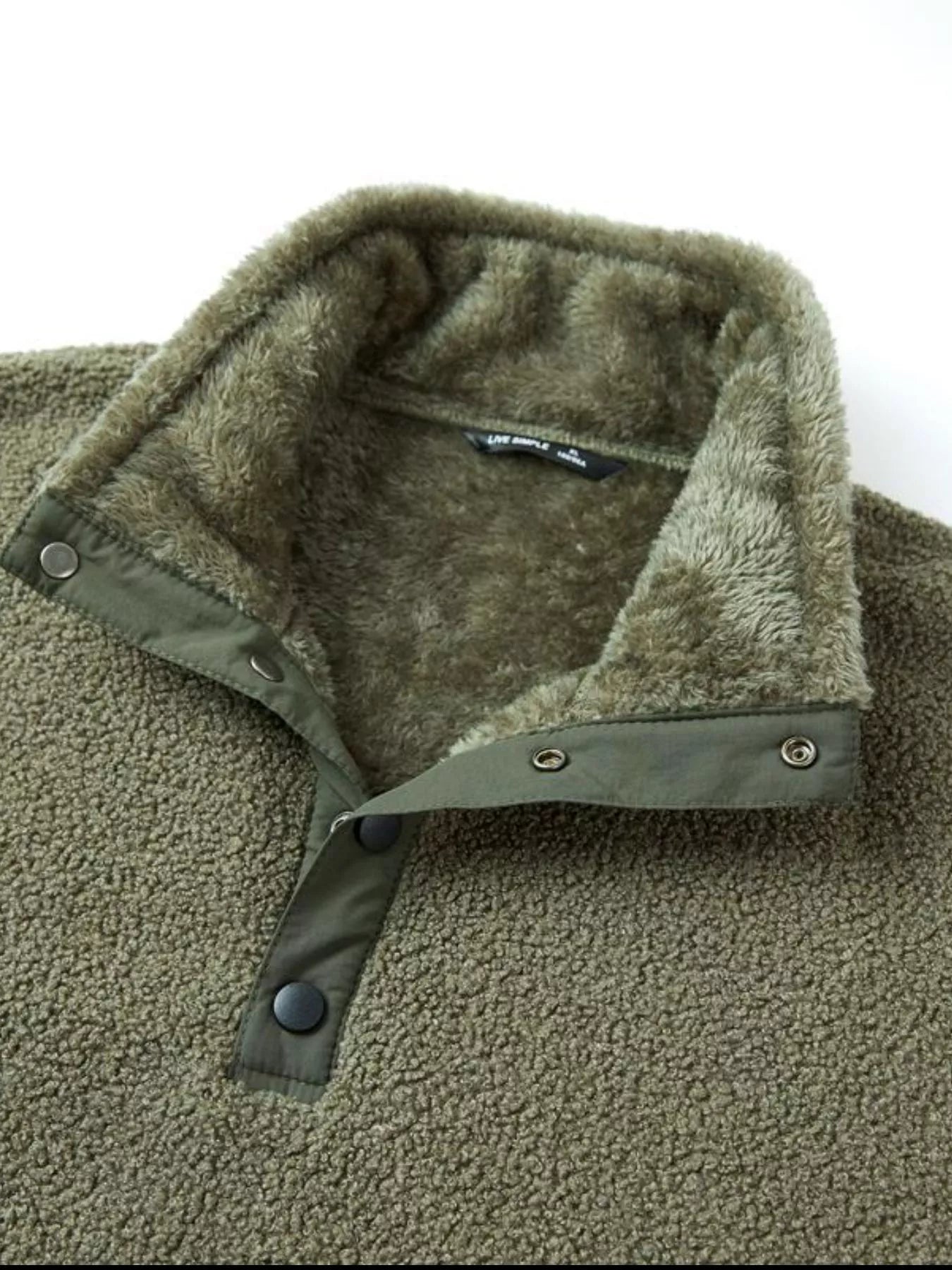 Olive green fleece pullover sweatshirt with snap collar and fuzzy lining.